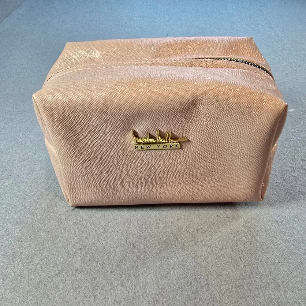 Nicole Miller New York Rose Gold Saffiano Faux Leather Cosmetic Makeup Bag Pouch